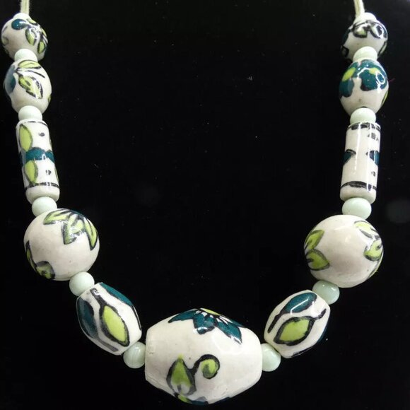Ceramic Bead Necklace 26" Graduated sizes Round Long Flowers White Cords - Picture 3 of 6